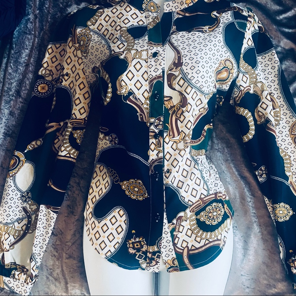 Vintage Inspired Green Black and White Button Down Blouse small